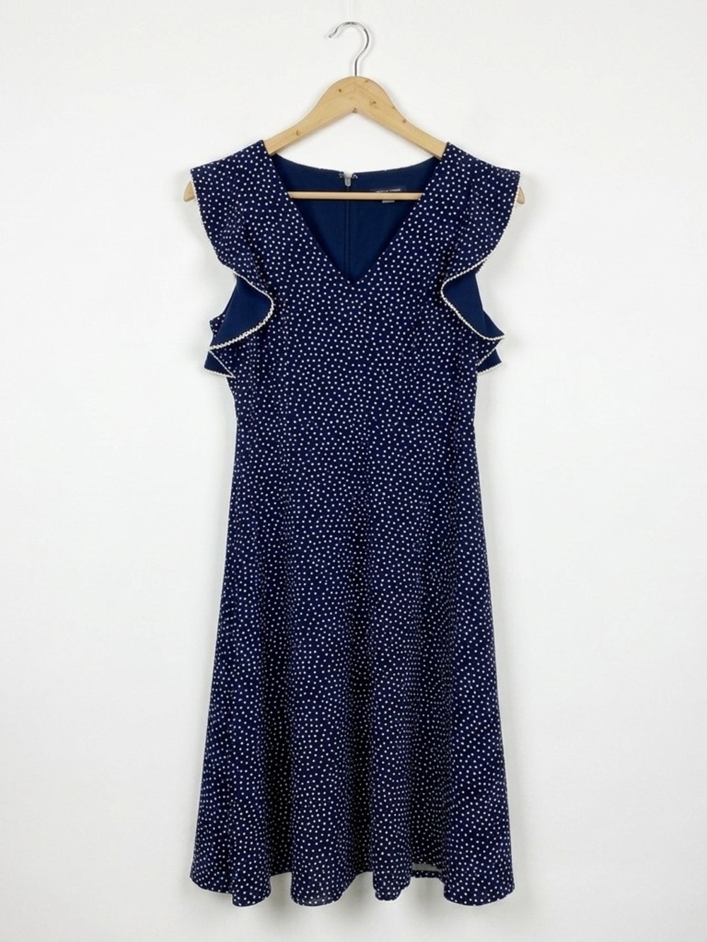 Tommy Hilfiger Navy Polka Dot Scallop Trim Flutter Sleeve Midi Dress‎ 10